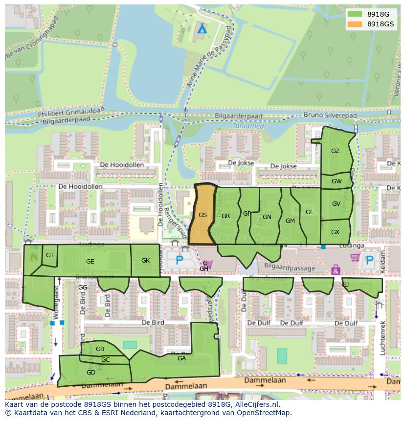 Afbeelding van het postcodegebied 8918 GS op de kaart.