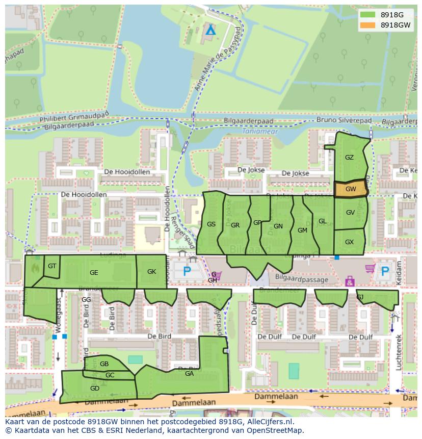 Afbeelding van het postcodegebied 8918 GW op de kaart.