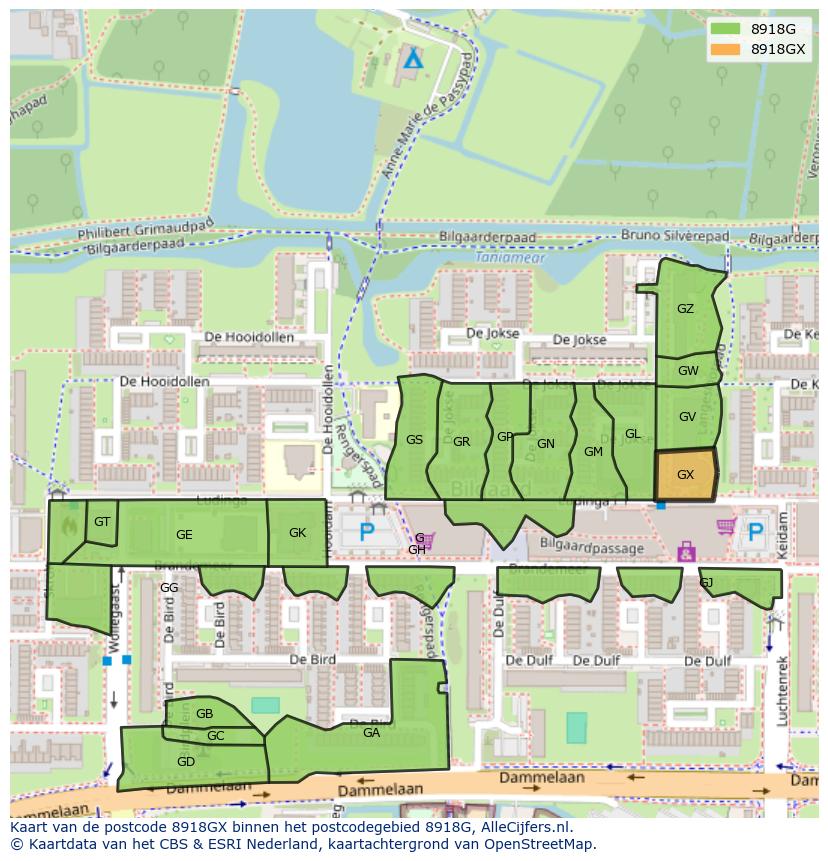 Afbeelding van het postcodegebied 8918 GX op de kaart.