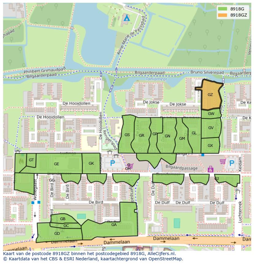 Afbeelding van het postcodegebied 8918 GZ op de kaart.