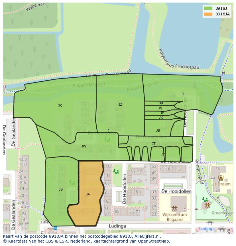 Afbeelding van het postcodegebied 8918 JA op de kaart.