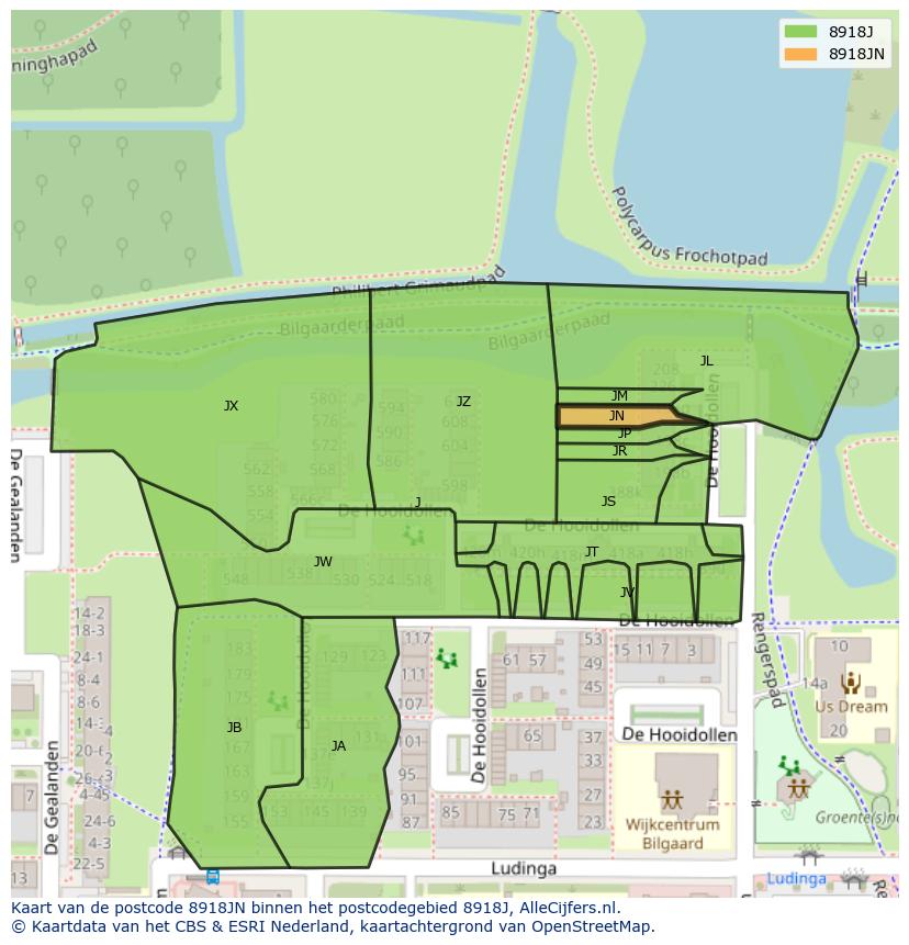 Afbeelding van het postcodegebied 8918 JN op de kaart.