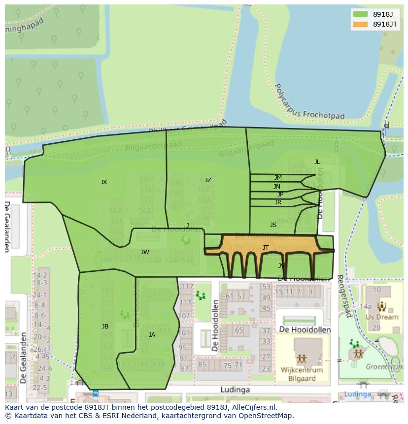 Afbeelding van het postcodegebied 8918 JT op de kaart.