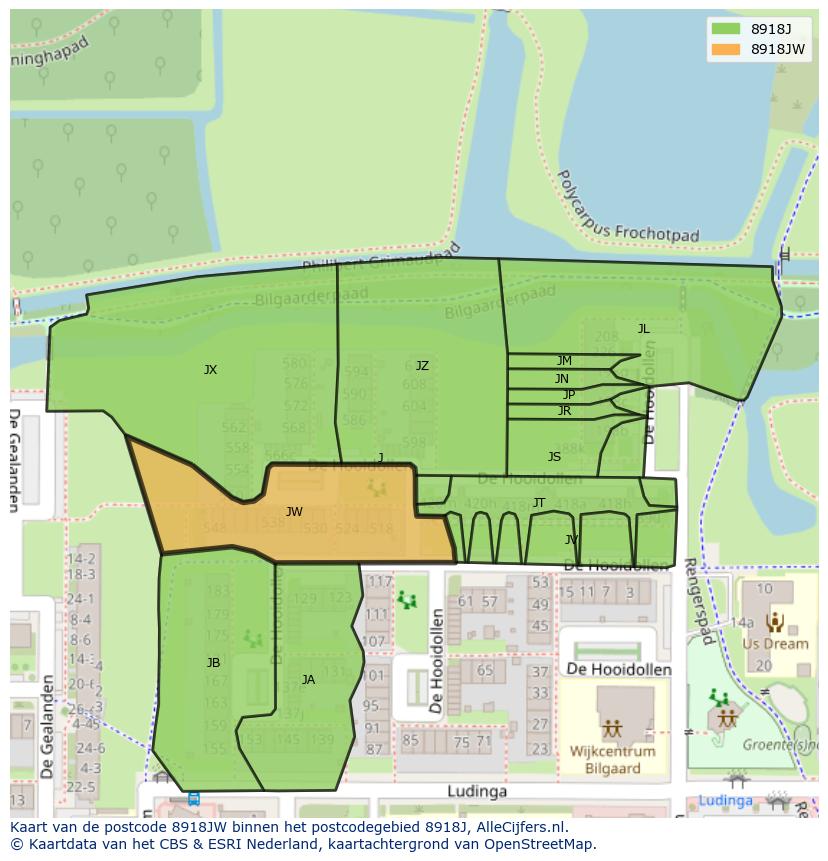 Afbeelding van het postcodegebied 8918 JW op de kaart.