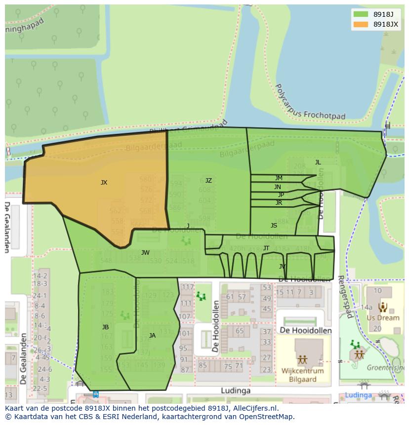 Afbeelding van het postcodegebied 8918 JX op de kaart.