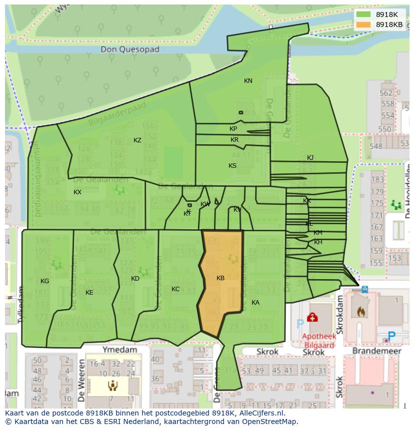 Afbeelding van het postcodegebied 8918 KB op de kaart.