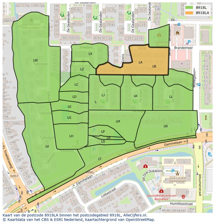 Afbeelding van het postcodegebied 8918 LA op de kaart.