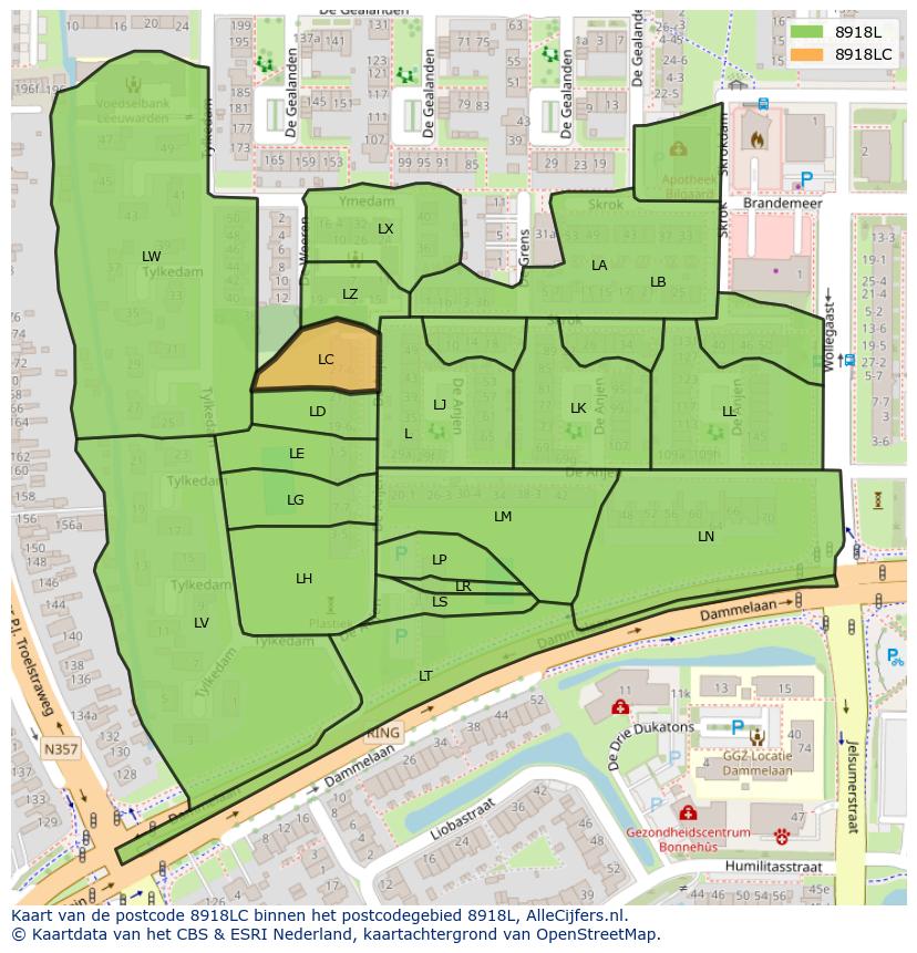 Afbeelding van het postcodegebied 8918 LC op de kaart.