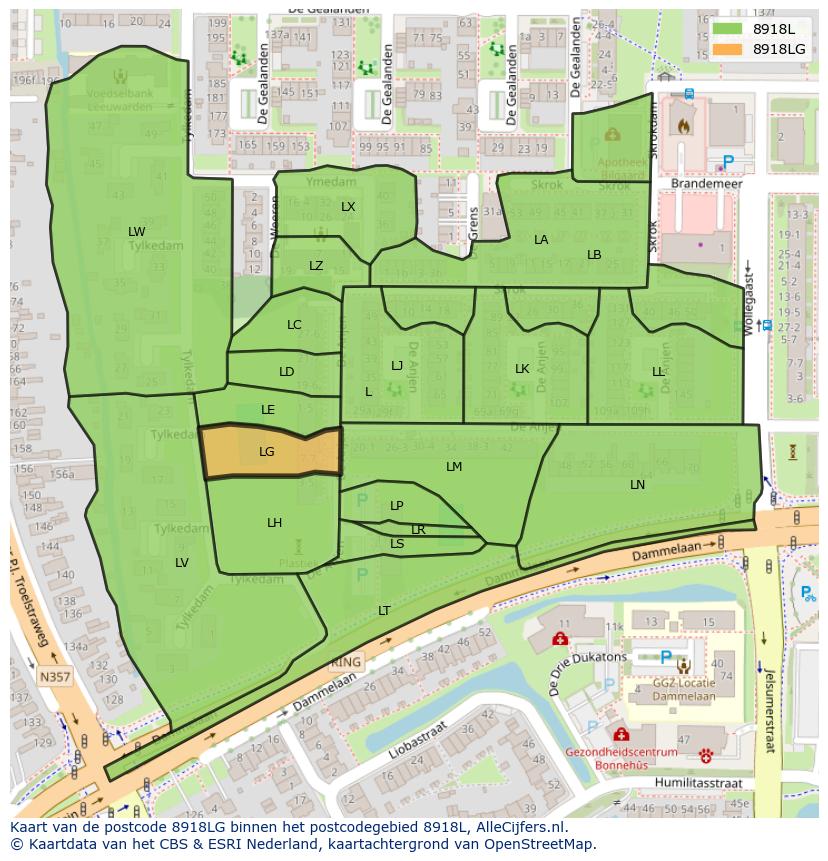 Afbeelding van het postcodegebied 8918 LG op de kaart.