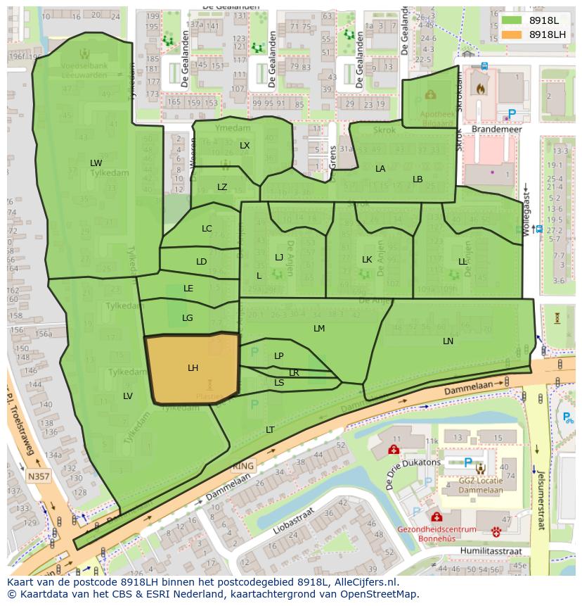 Afbeelding van het postcodegebied 8918 LH op de kaart.