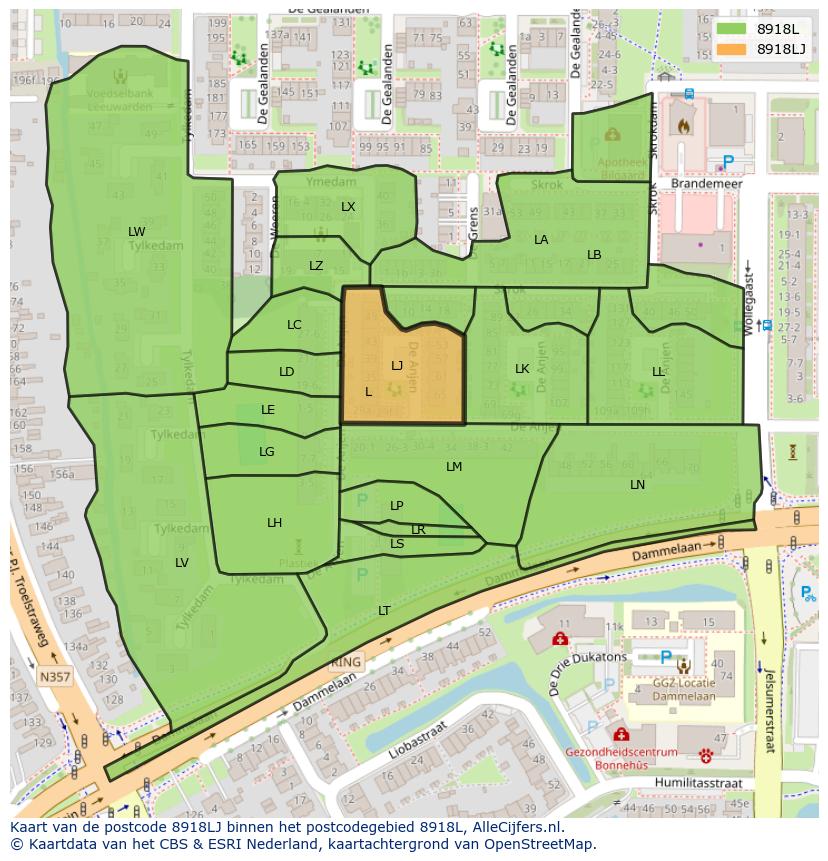 Afbeelding van het postcodegebied 8918 LJ op de kaart.