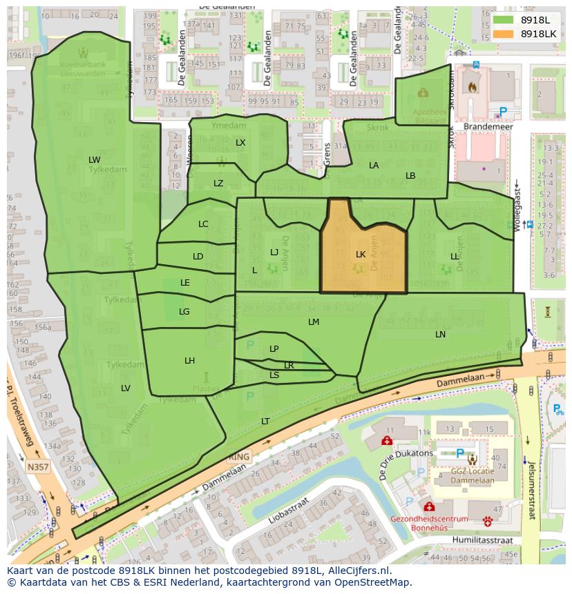 Afbeelding van het postcodegebied 8918 LK op de kaart.