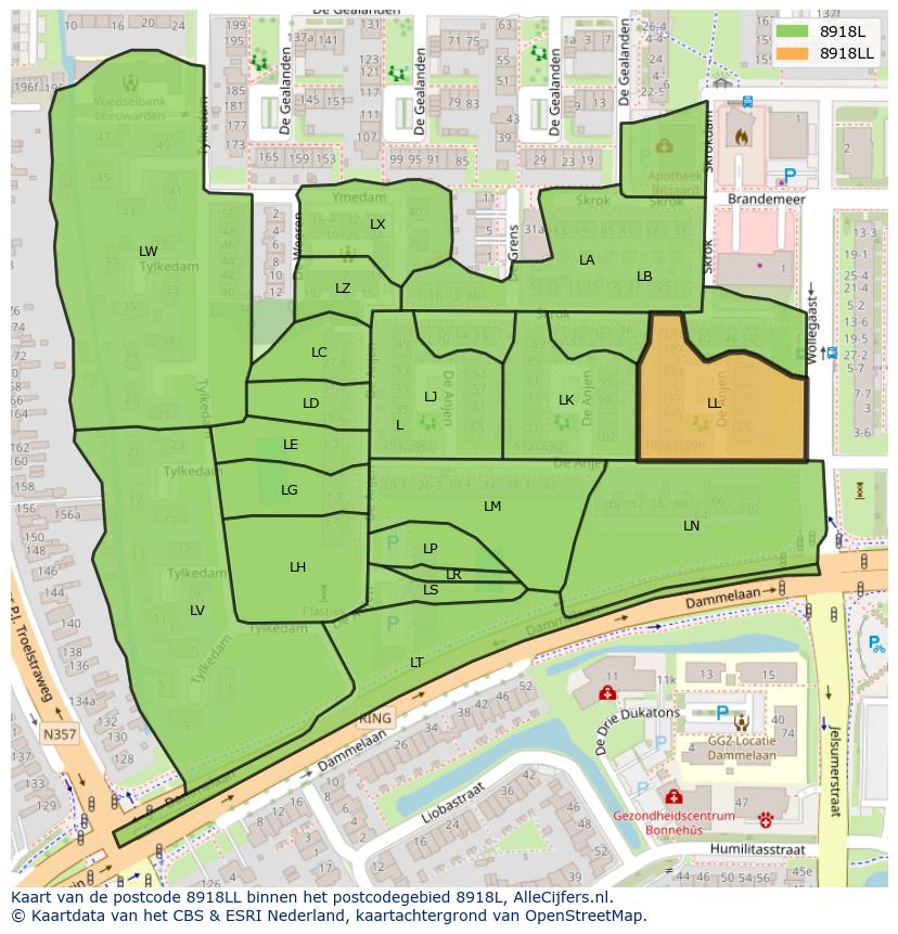 Afbeelding van het postcodegebied 8918 LL op de kaart.
