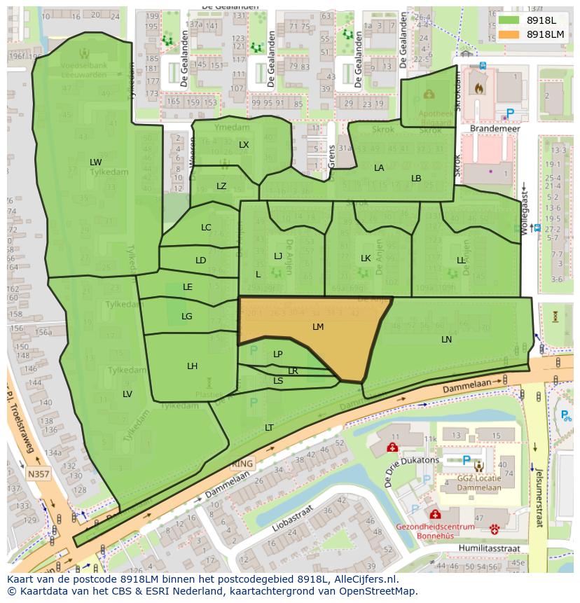Afbeelding van het postcodegebied 8918 LM op de kaart.