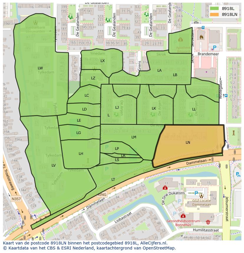 Afbeelding van het postcodegebied 8918 LN op de kaart.