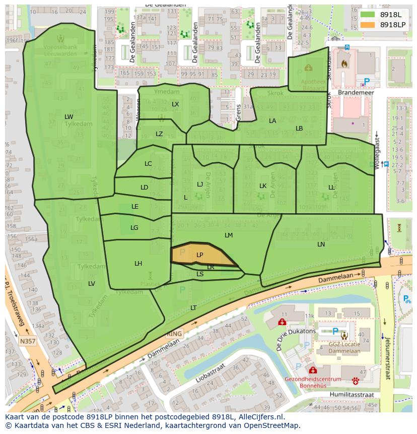 Afbeelding van het postcodegebied 8918 LP op de kaart.