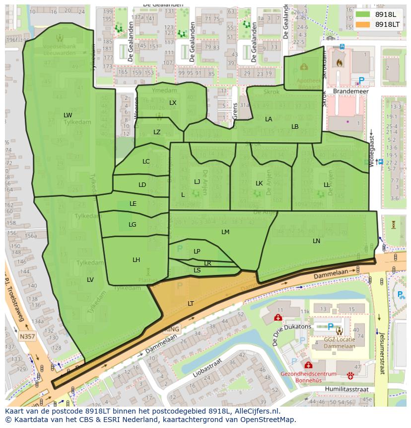 Afbeelding van het postcodegebied 8918 LT op de kaart.