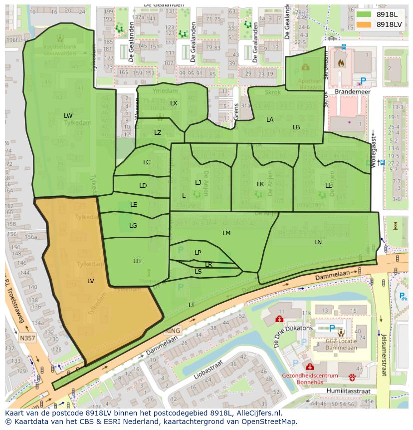 Afbeelding van het postcodegebied 8918 LV op de kaart.