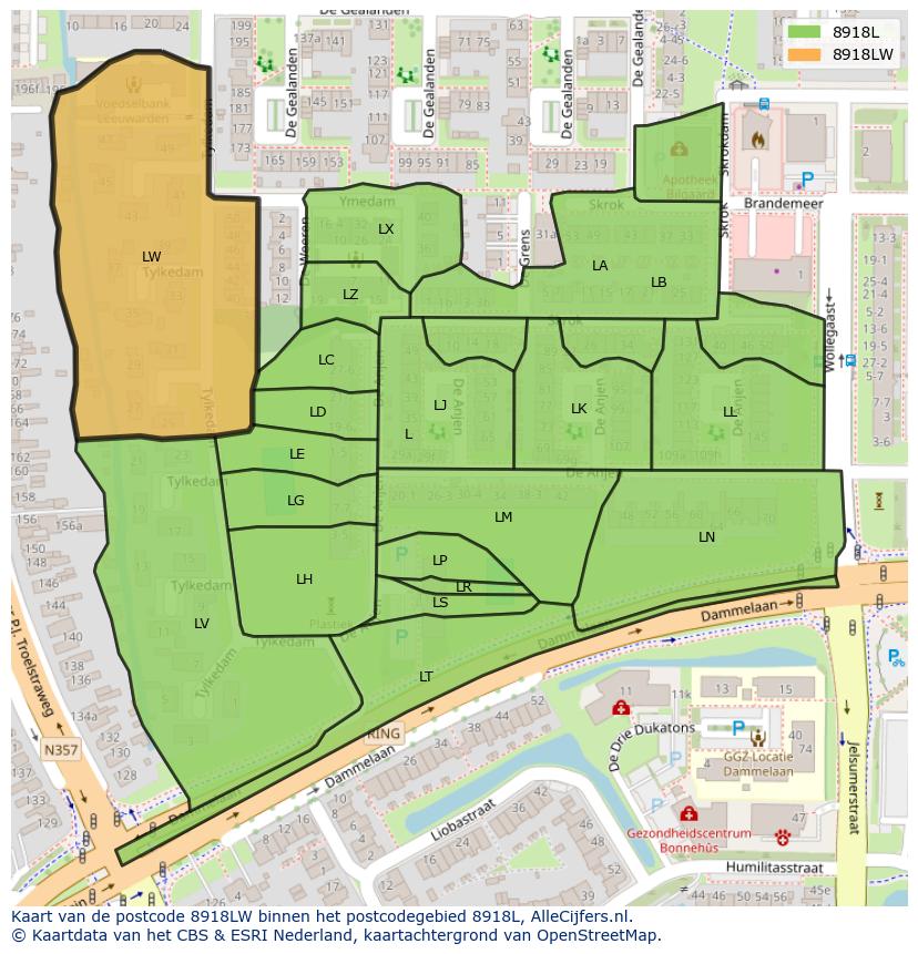 Afbeelding van het postcodegebied 8918 LW op de kaart.
