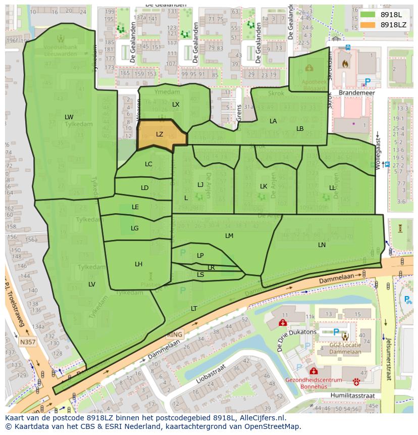 Afbeelding van het postcodegebied 8918 LZ op de kaart.