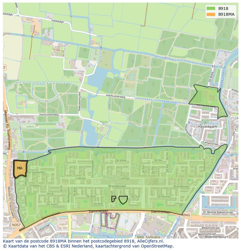 Afbeelding van het postcodegebied 8918 MA op de kaart.