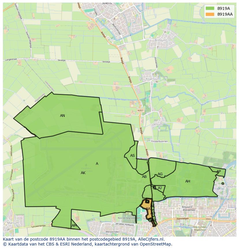 Afbeelding van het postcodegebied 8919 AA op de kaart.