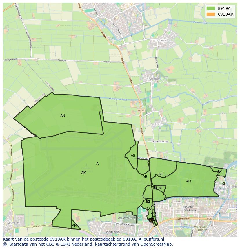 Afbeelding van het postcodegebied 8919 AR op de kaart.