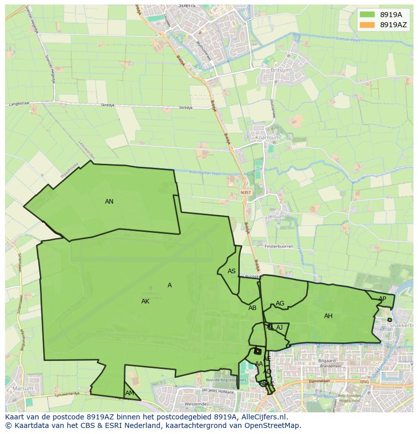 Afbeelding van het postcodegebied 8919 AZ op de kaart.
