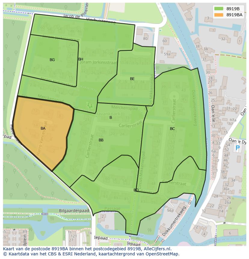 Afbeelding van het postcodegebied 8919 BA op de kaart.