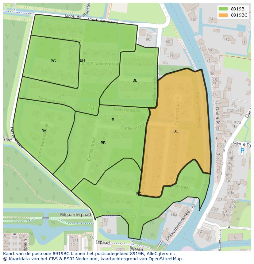 Afbeelding van het postcodegebied 8919 BC op de kaart.