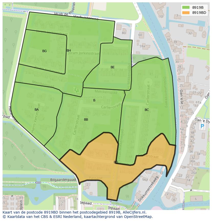 Afbeelding van het postcodegebied 8919 BD op de kaart.