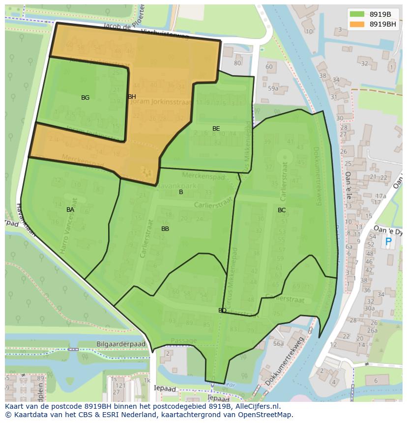 Afbeelding van het postcodegebied 8919 BH op de kaart.