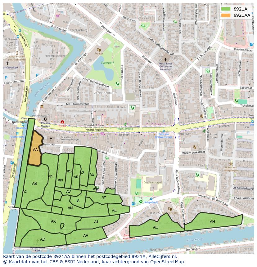Afbeelding van het postcodegebied 8921 AA op de kaart.