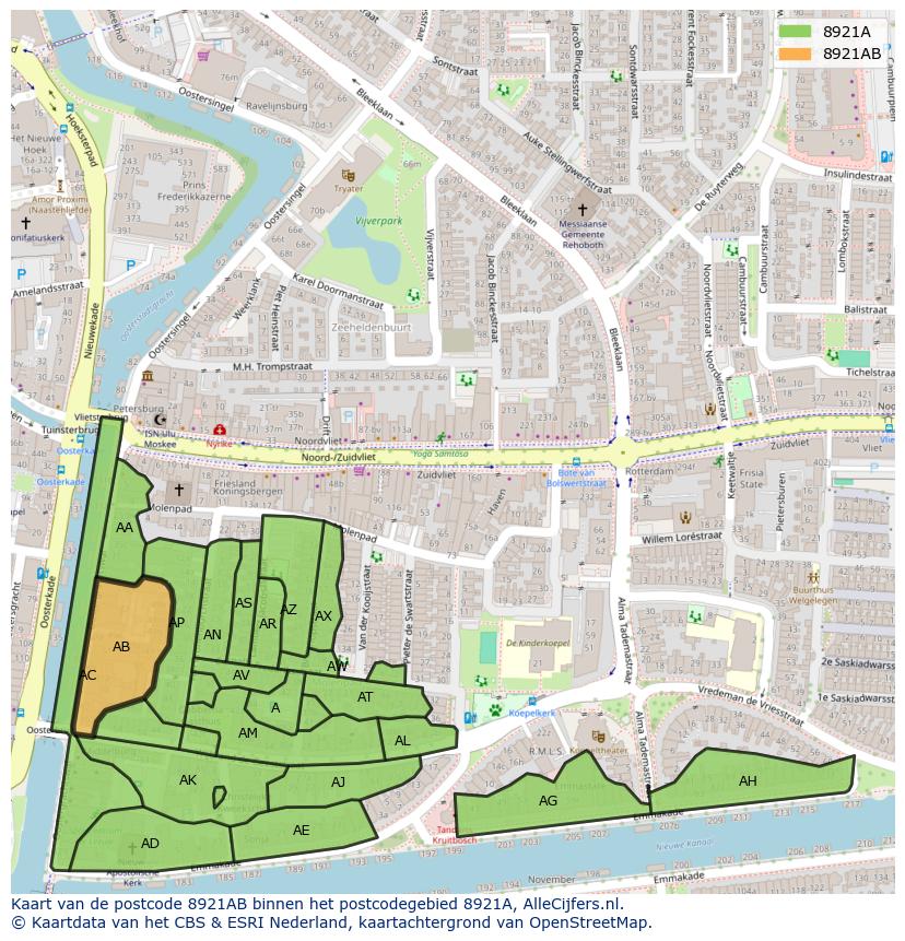 Afbeelding van het postcodegebied 8921 AB op de kaart.