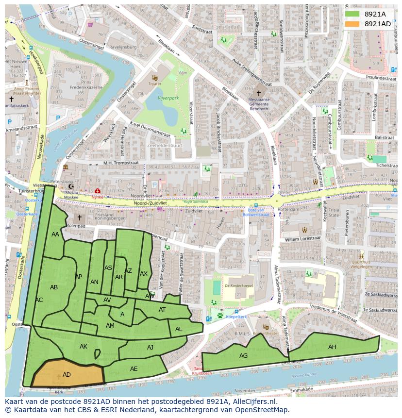 Afbeelding van het postcodegebied 8921 AD op de kaart.