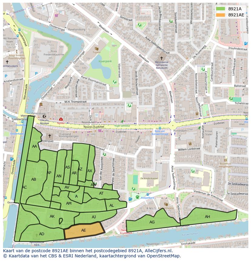 Afbeelding van het postcodegebied 8921 AE op de kaart.