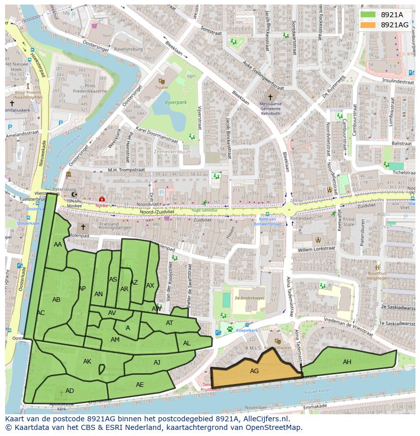 Afbeelding van het postcodegebied 8921 AG op de kaart.
