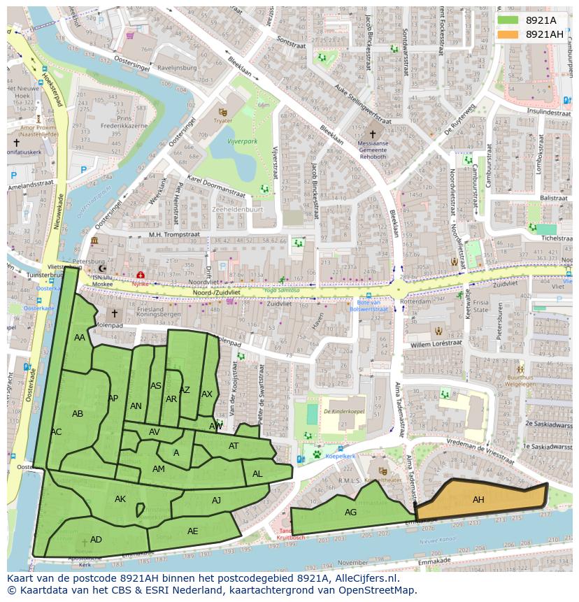 Afbeelding van het postcodegebied 8921 AH op de kaart.