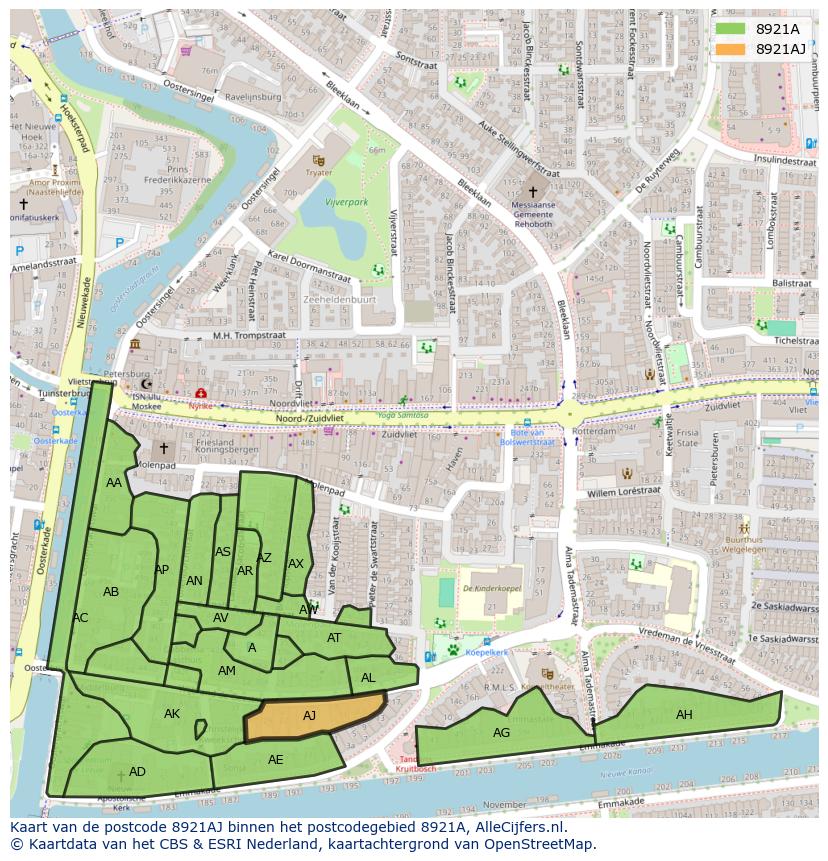 Afbeelding van het postcodegebied 8921 AJ op de kaart.