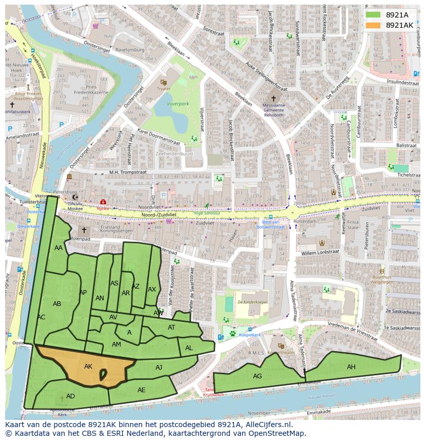 Afbeelding van het postcodegebied 8921 AK op de kaart.