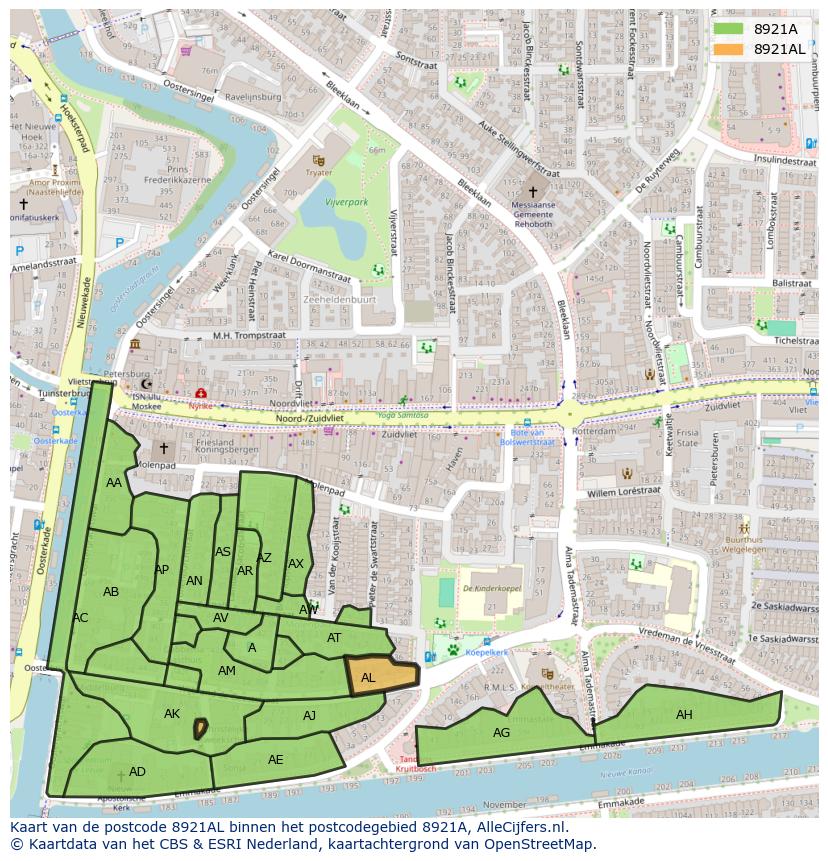 Afbeelding van het postcodegebied 8921 AL op de kaart.