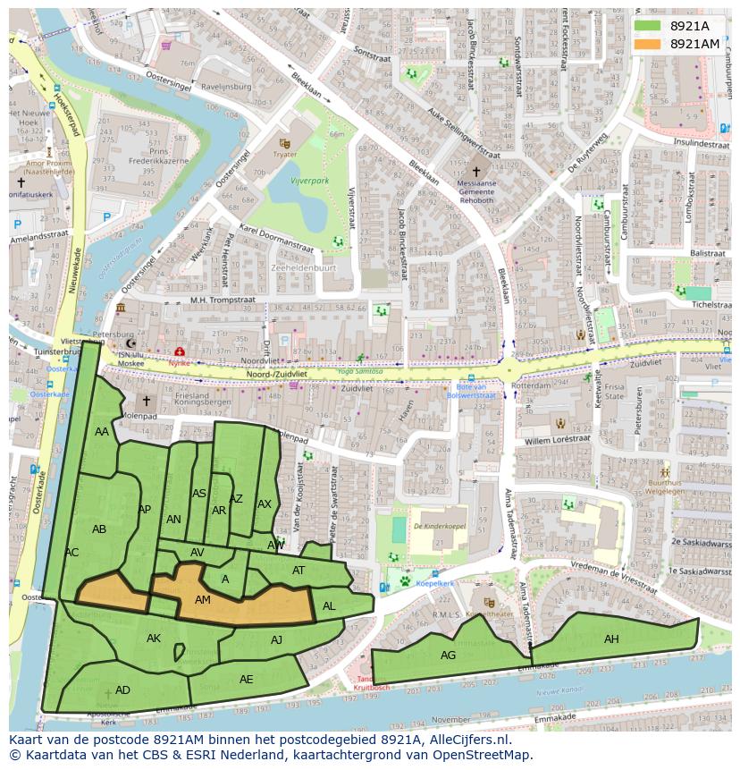 Afbeelding van het postcodegebied 8921 AM op de kaart.