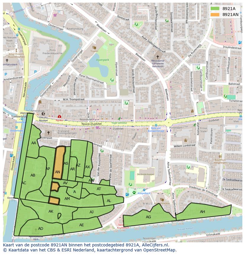 Afbeelding van het postcodegebied 8921 AN op de kaart.