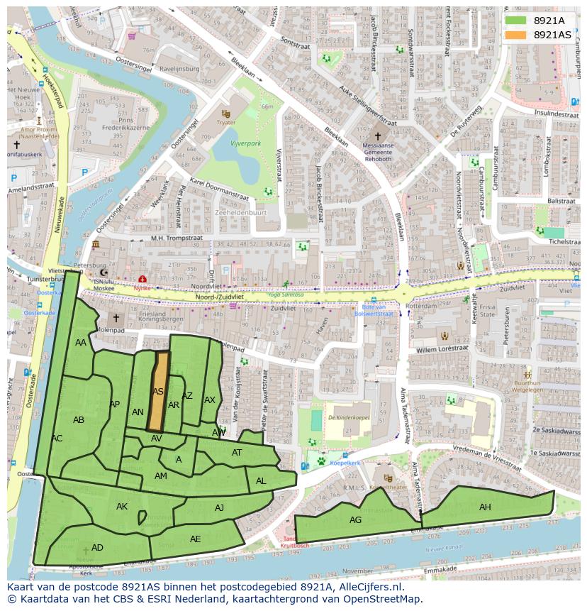 Afbeelding van het postcodegebied 8921 AS op de kaart.
