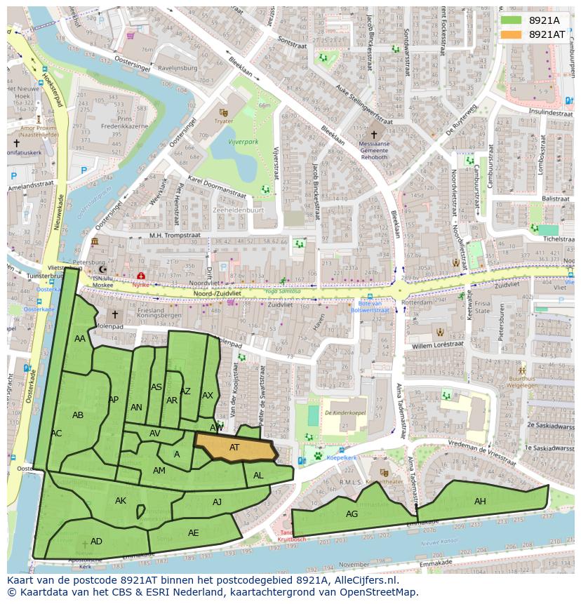 Afbeelding van het postcodegebied 8921 AT op de kaart.