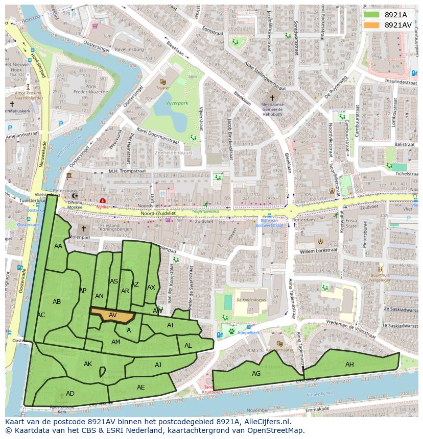 Afbeelding van het postcodegebied 8921 AV op de kaart.