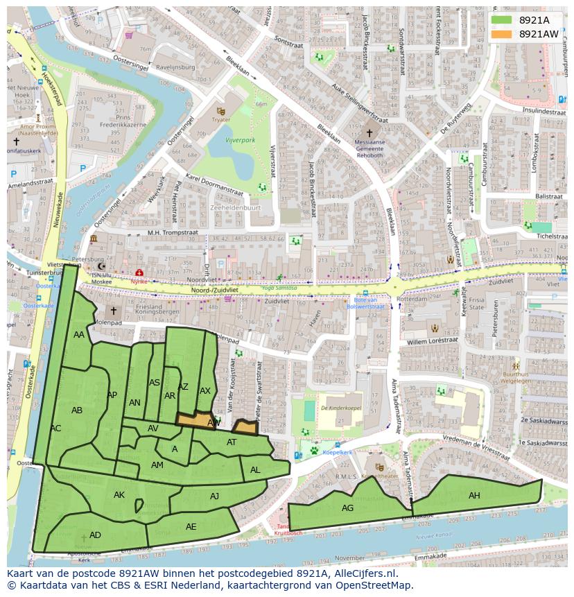 Afbeelding van het postcodegebied 8921 AW op de kaart.