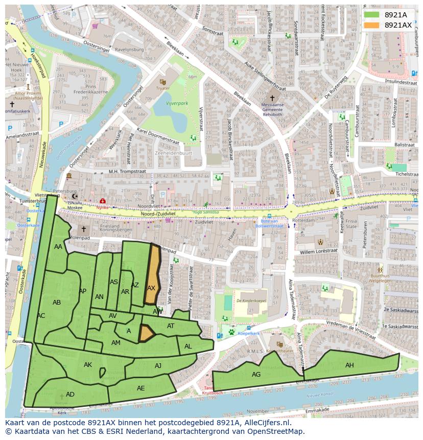 Afbeelding van het postcodegebied 8921 AX op de kaart.