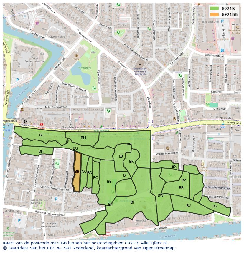 Afbeelding van het postcodegebied 8921 BB op de kaart.
