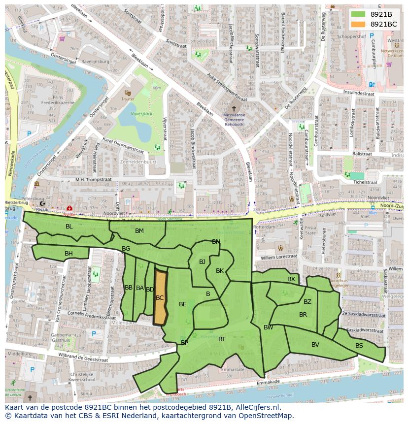 Afbeelding van het postcodegebied 8921 BC op de kaart.